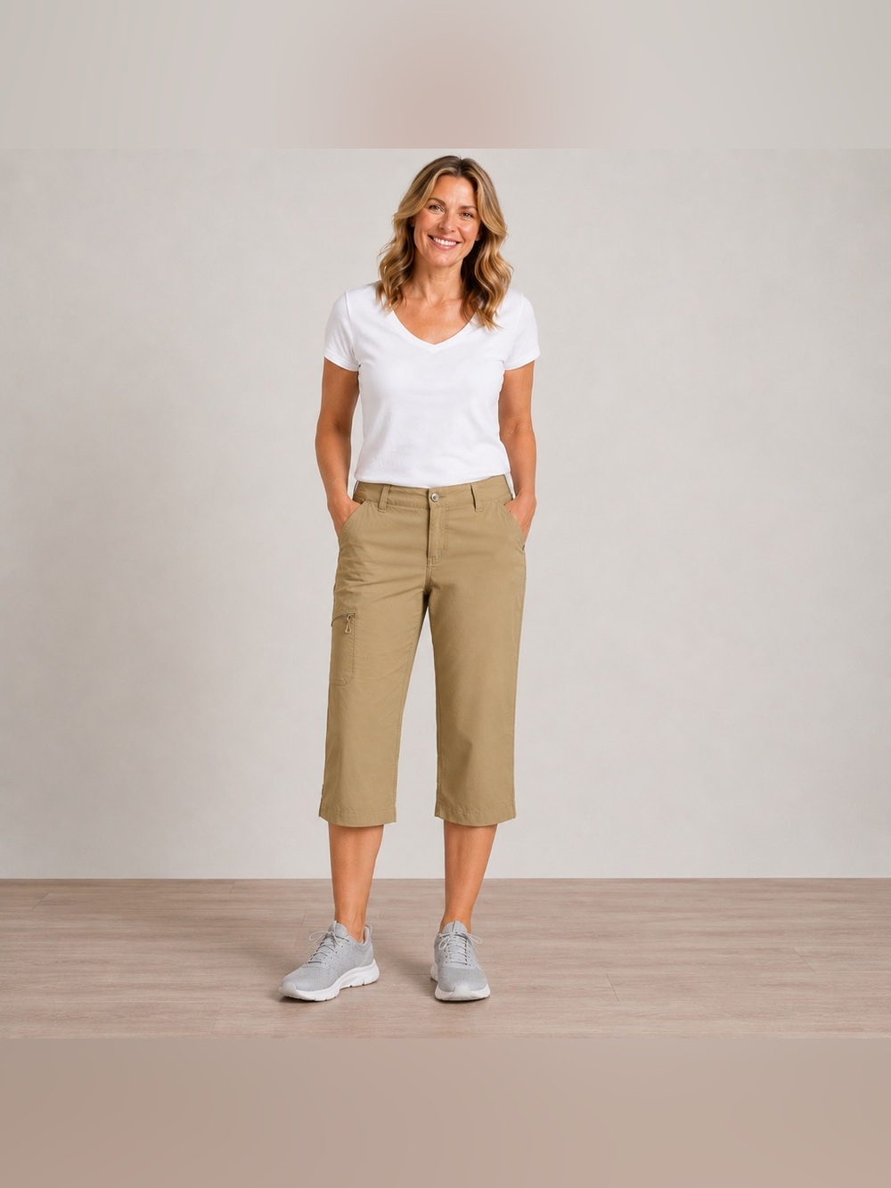 Eddie Bauer Sport Pant Womens 8 Tan Athleisure, Utility Capri Crop Adjustable